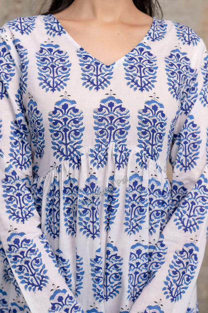 Hand Block Cotton Short Kurti – White & Blue Buta Print