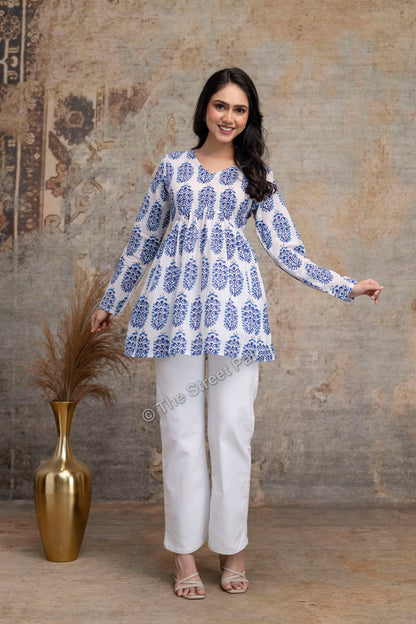 Hand Block Cotton Short Kurti – White & Blue Buta Print