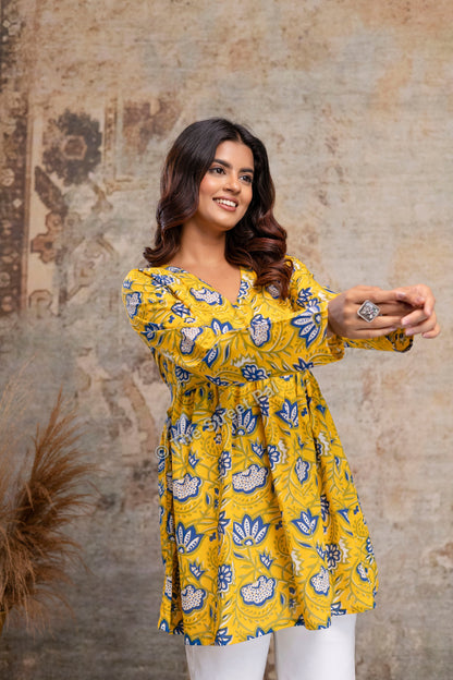 Floral Hand Block Cotton Short Kurti – Mustard Yellow