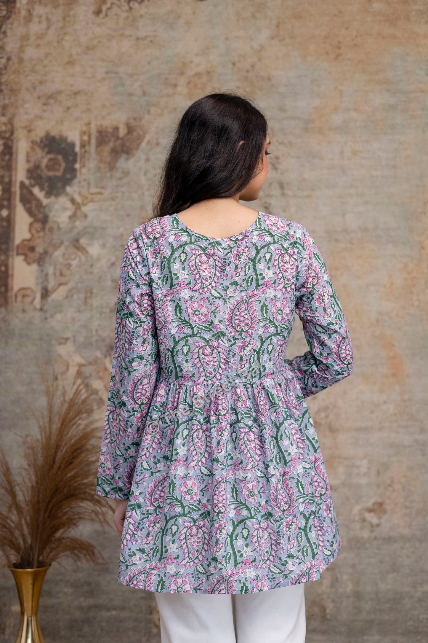 Floral Hand Block Cotton Short Kurti – Pastel Green & Pink
