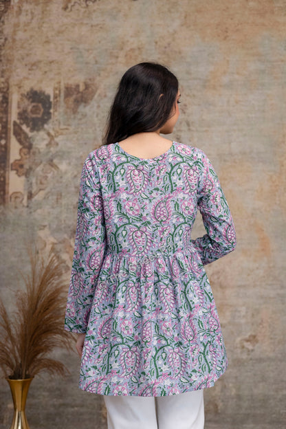 Floral Hand Block Cotton Short Kurti – Pastel Green & Pink