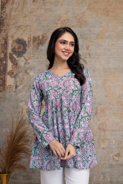 Floral Hand Block Cotton Short Kurti – Pastel Green & Pink