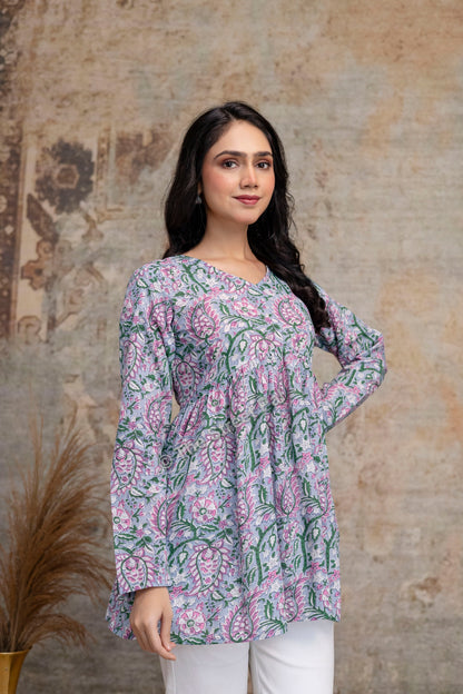Floral Hand Block Cotton Short Kurti – Pastel Green & Pink