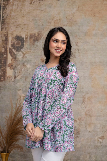 Floral Hand Block Cotton Short Kurti – Pastel Green & Pink