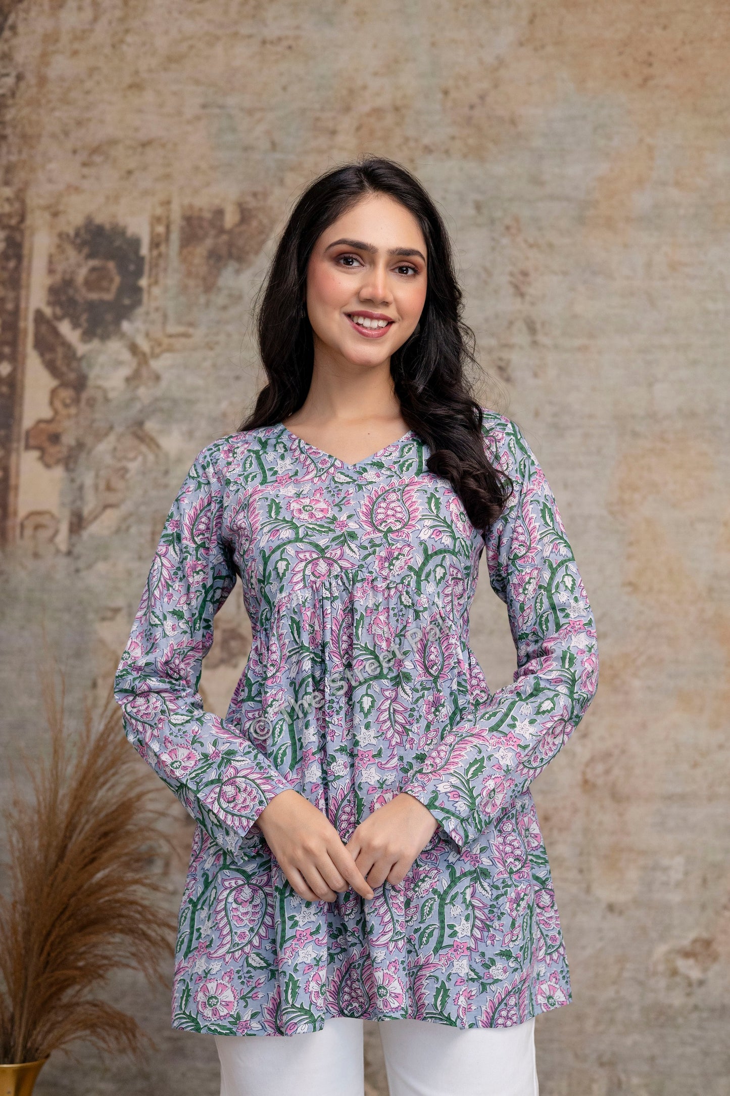 Floral Hand Block Cotton Short Kurti – Pastel Green & Pink