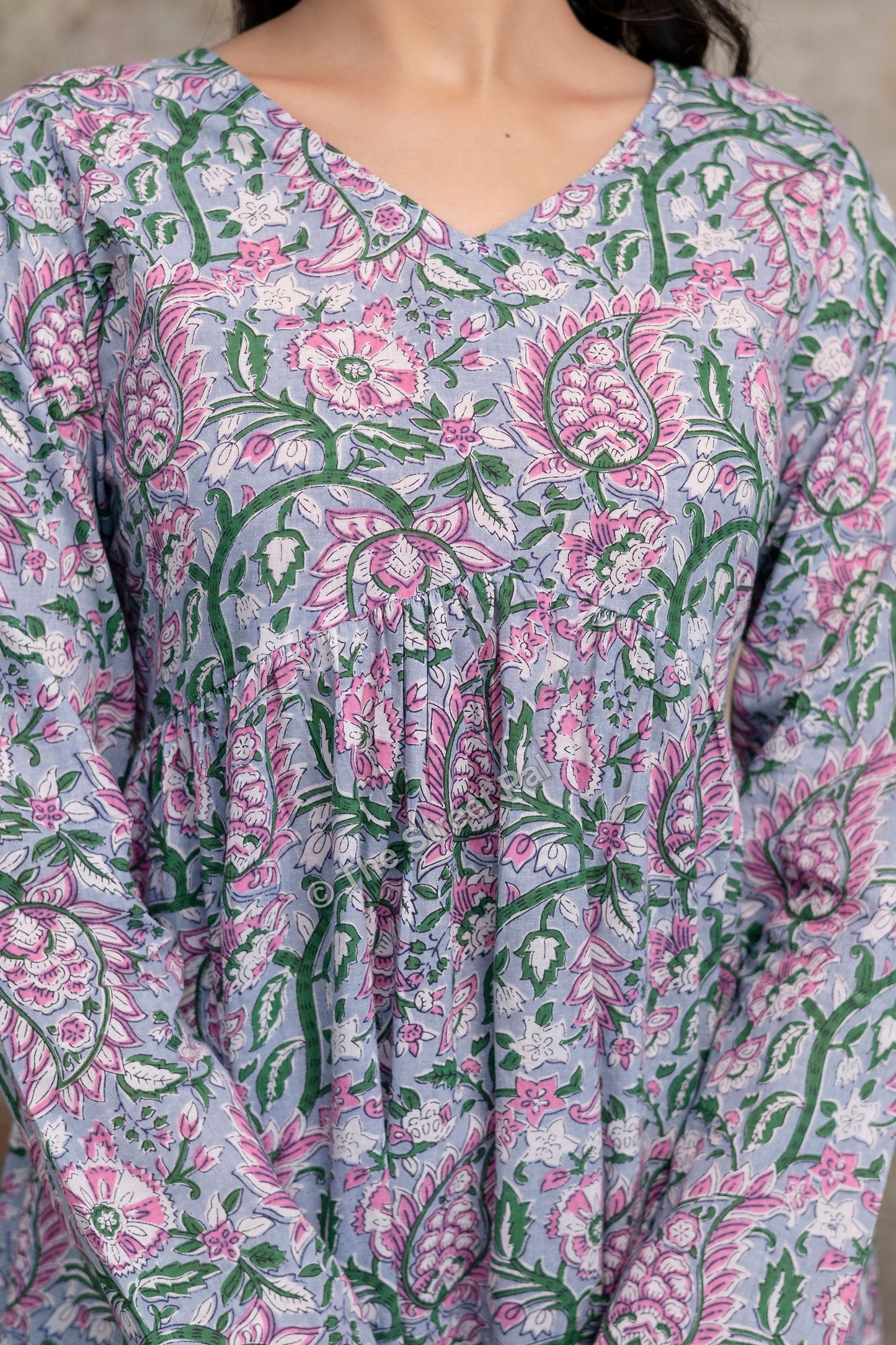 Floral Hand Block Cotton Short Kurti – Pastel Green & Pink