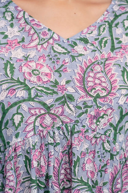 Floral Hand Block Cotton Short Kurti – Pastel Green & Pink