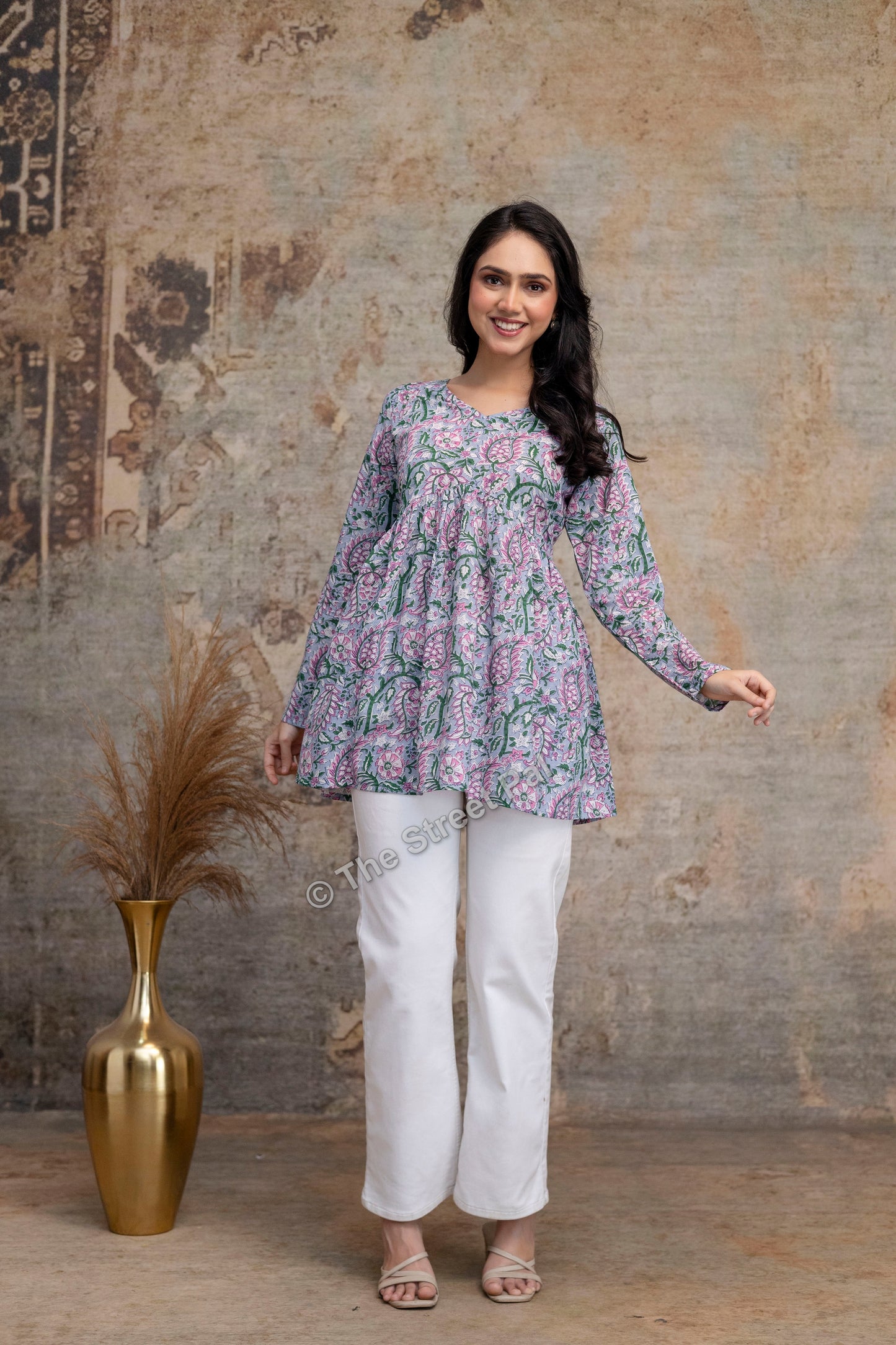 Floral Hand Block Cotton Short Kurti – Pastel Green & Pink