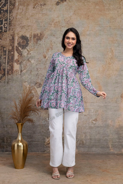 Floral Hand Block Cotton Short Kurti – Pastel Green & Pink