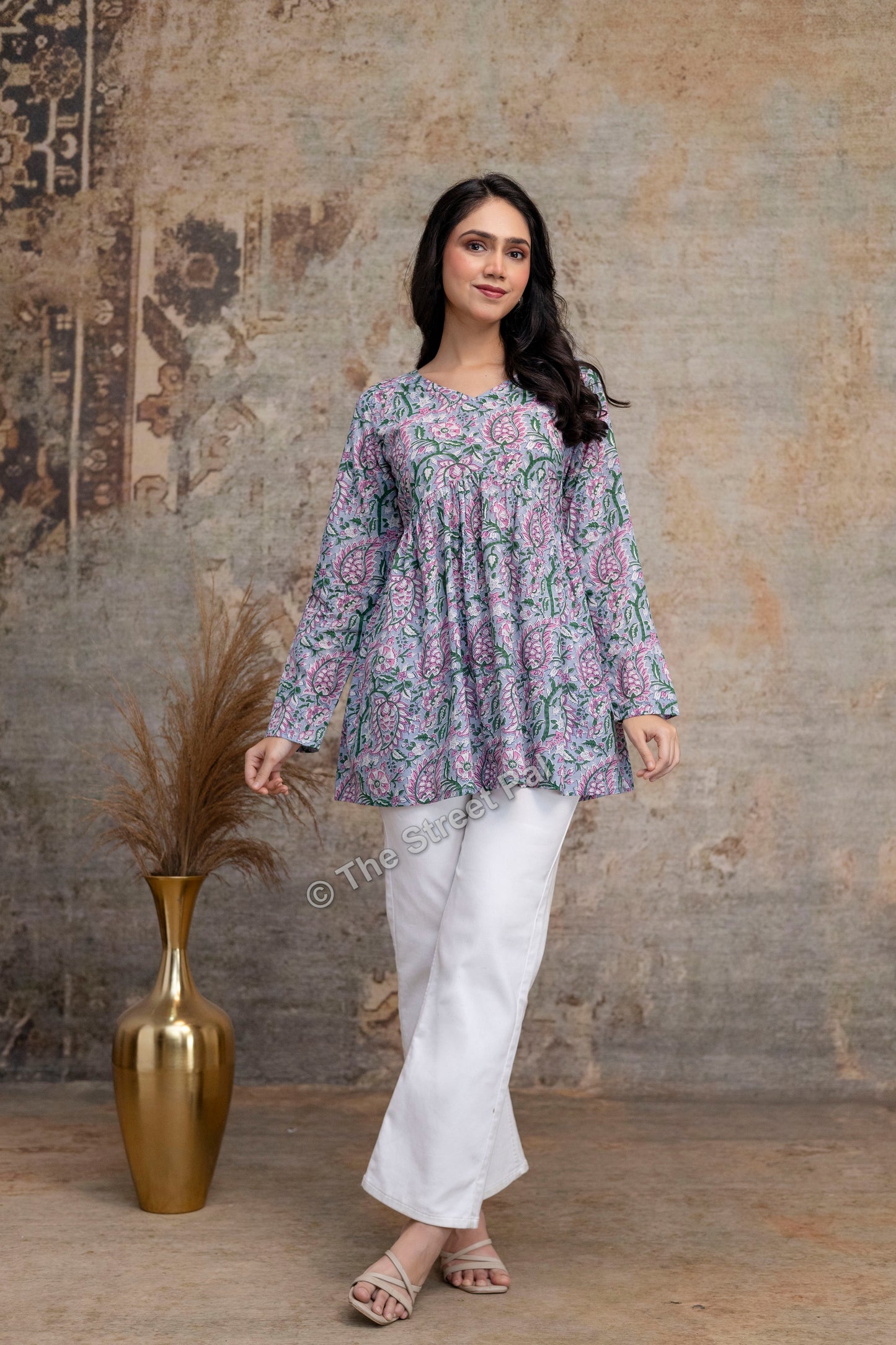 Floral Hand Block Cotton Short Kurti – Pastel Green & Pink