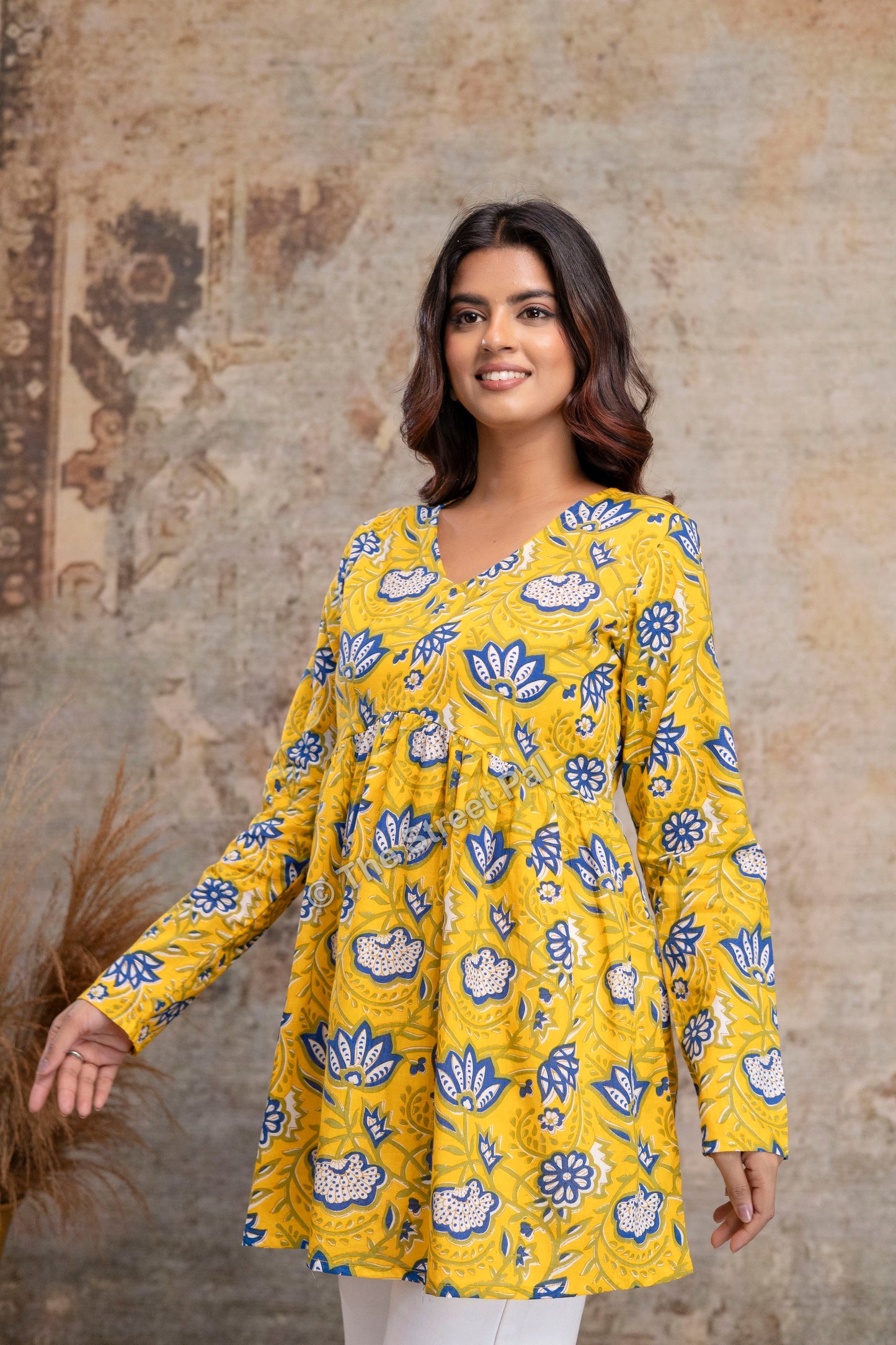 Floral Hand Block Cotton Short Kurti – Mustard Yellow