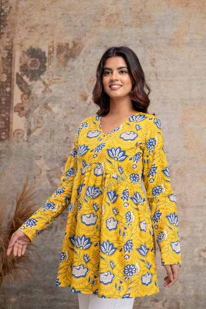 Floral Hand Block Cotton Short Kurti – Mustard Yellow