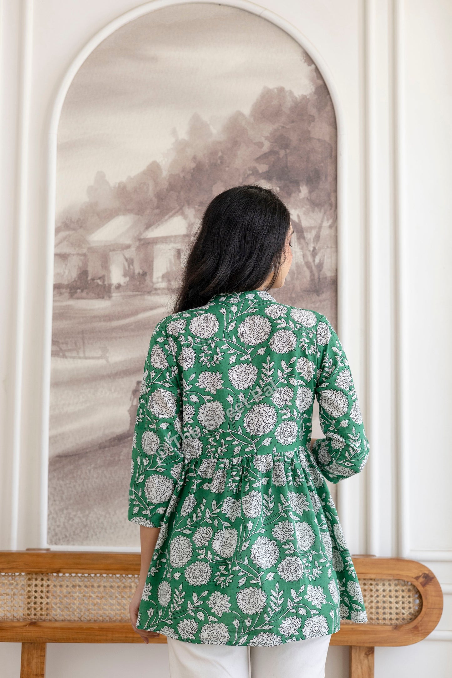 Floral Hand Block Cotton Short Kurti – Emerald Green