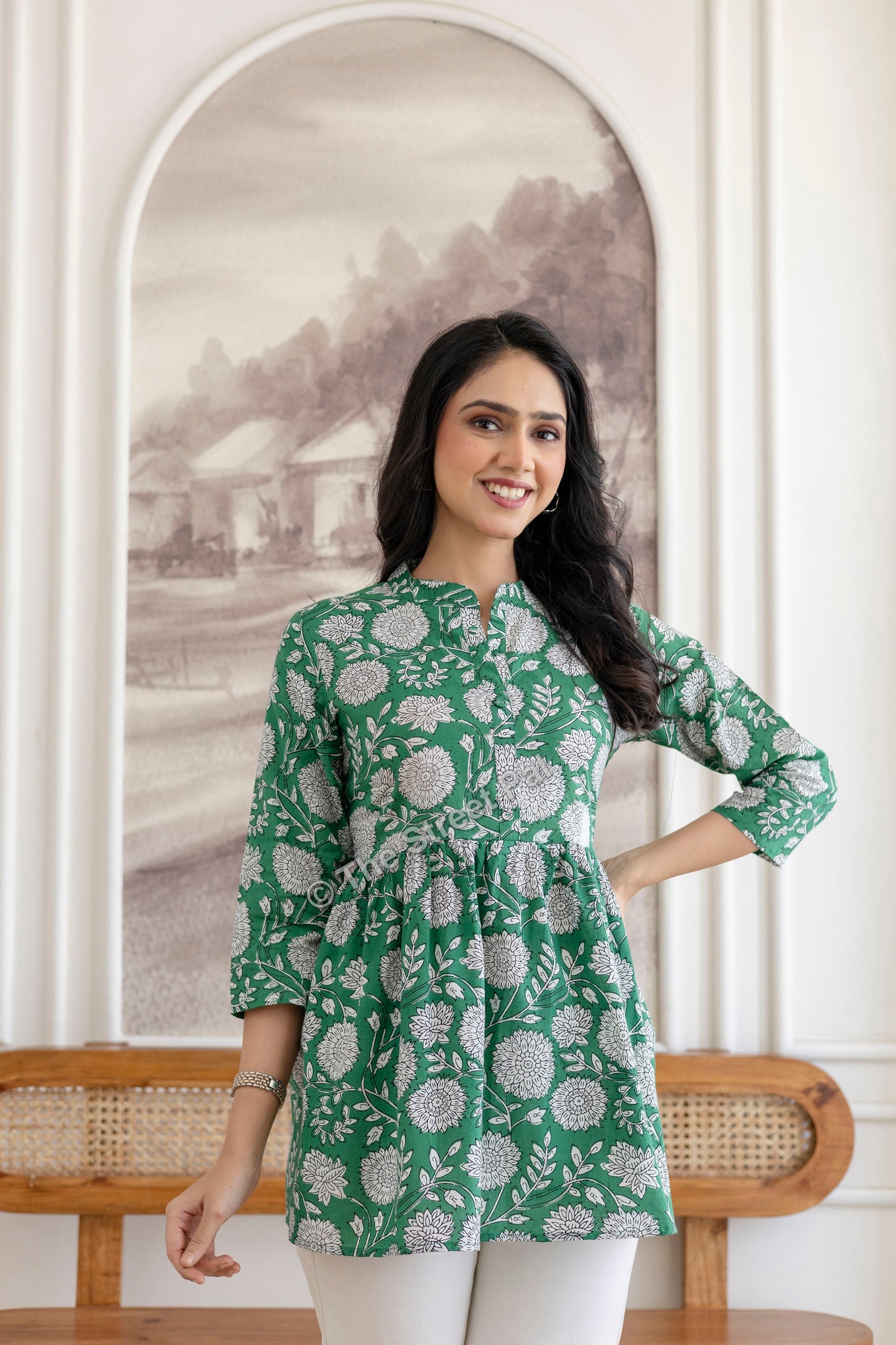 Floral Hand Block Cotton Short Kurti – Emerald Green