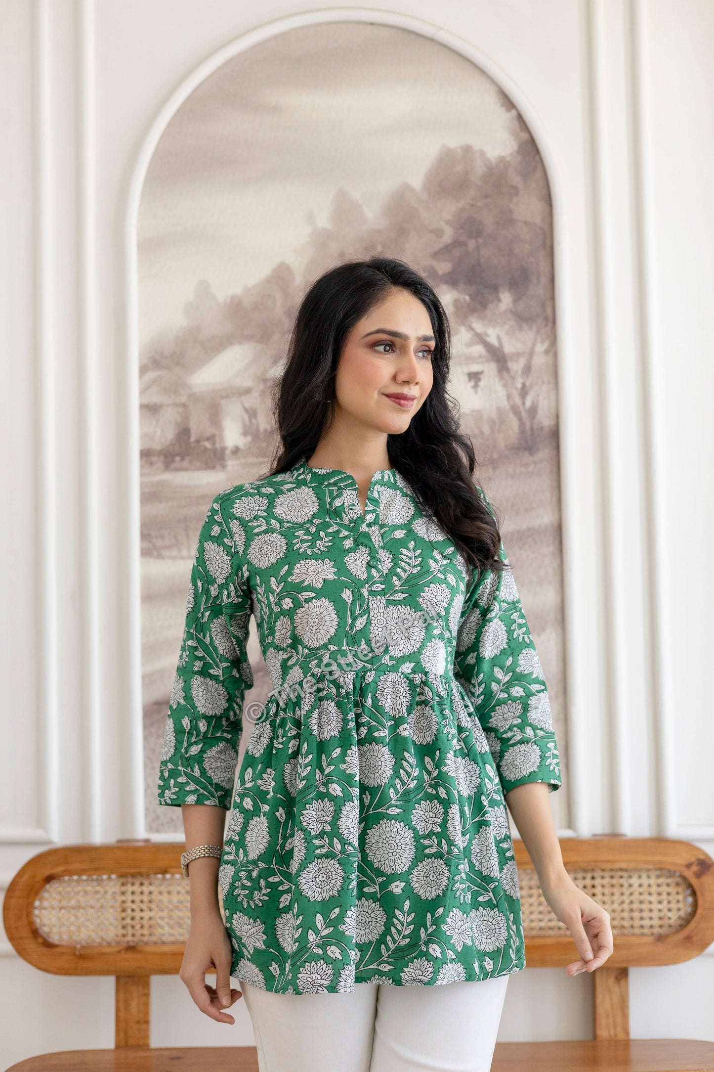 Floral Hand Block Cotton Short Kurti – Emerald Green