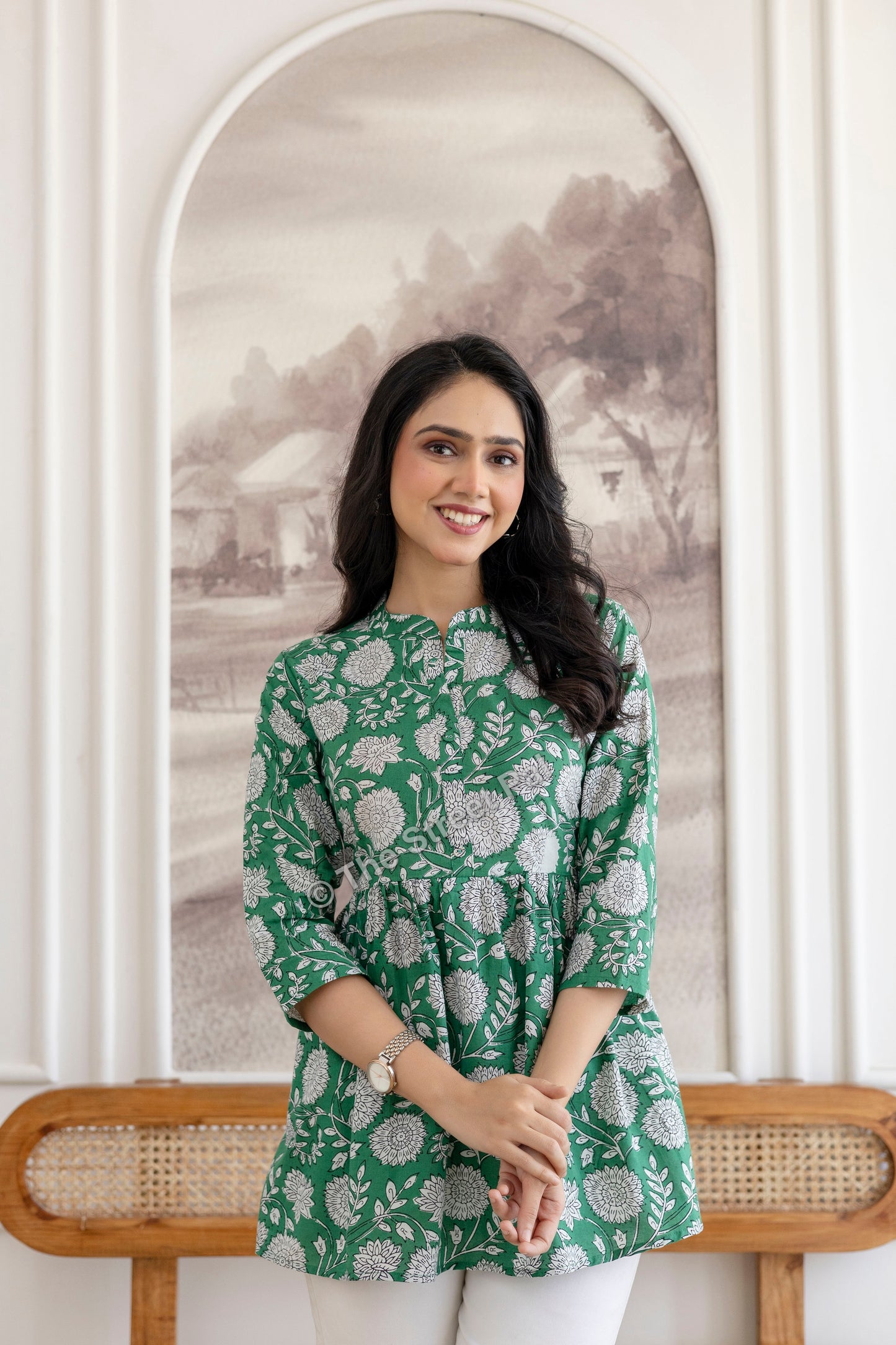Floral Hand Block Cotton Short Kurti – Emerald Green