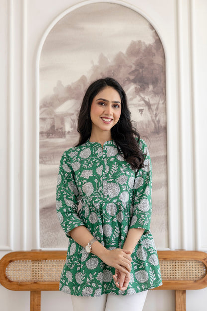 Floral Hand Block Cotton Short Kurti – Emerald Green