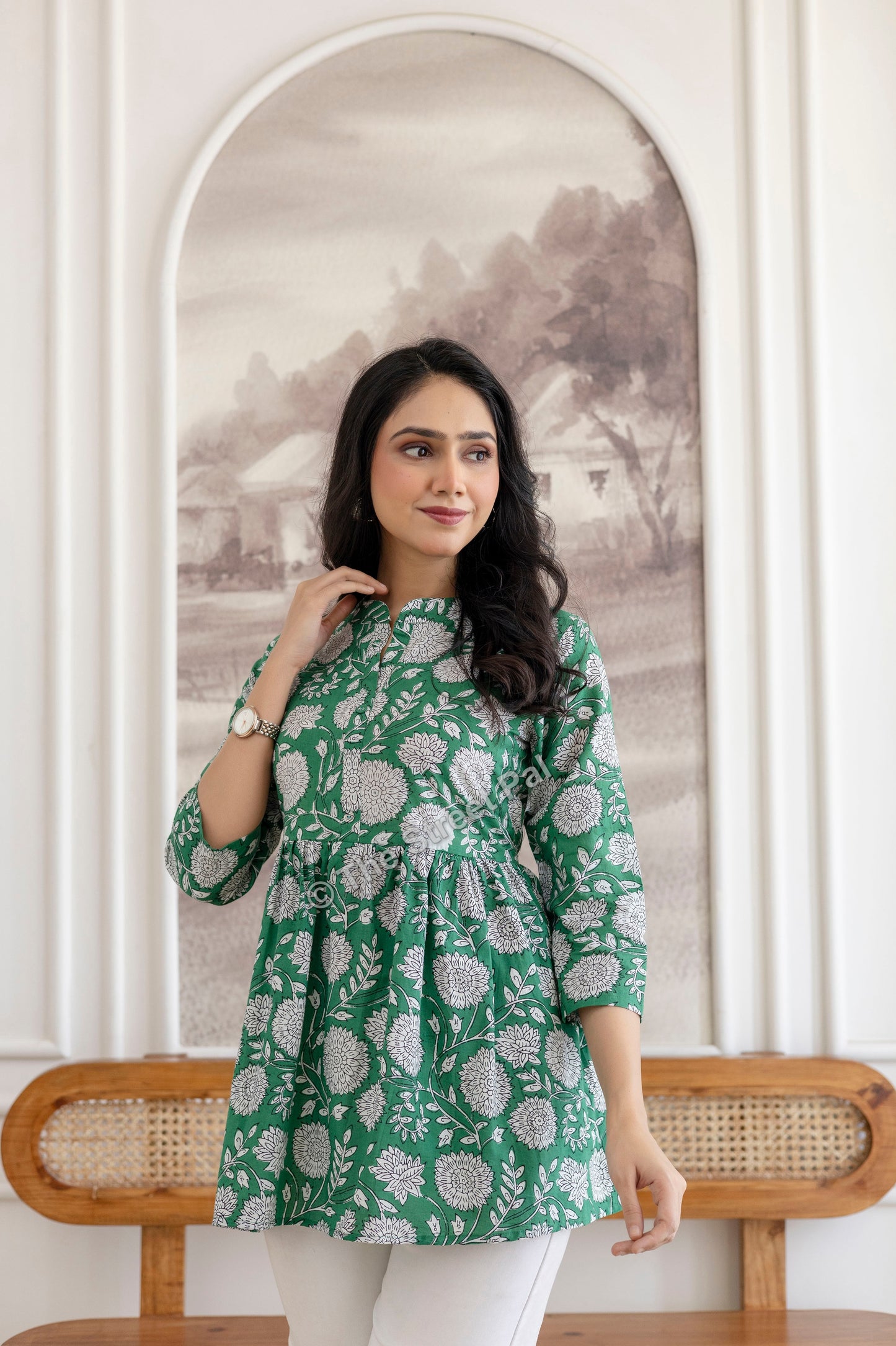 Floral Hand Block Cotton Short Kurti – Emerald Green