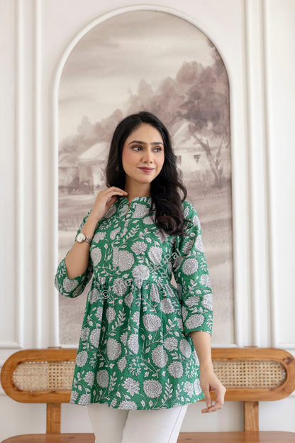 Floral Hand Block Cotton Short Kurti – Emerald Green