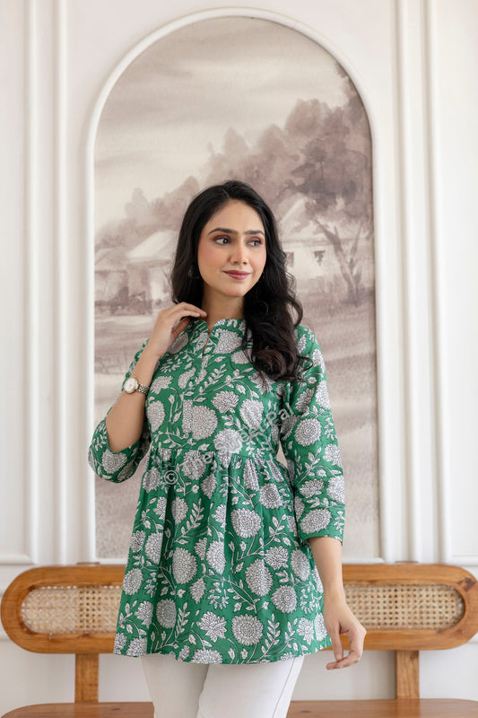 Floral Hand Block Cotton Short Kurti – Emerald Green
