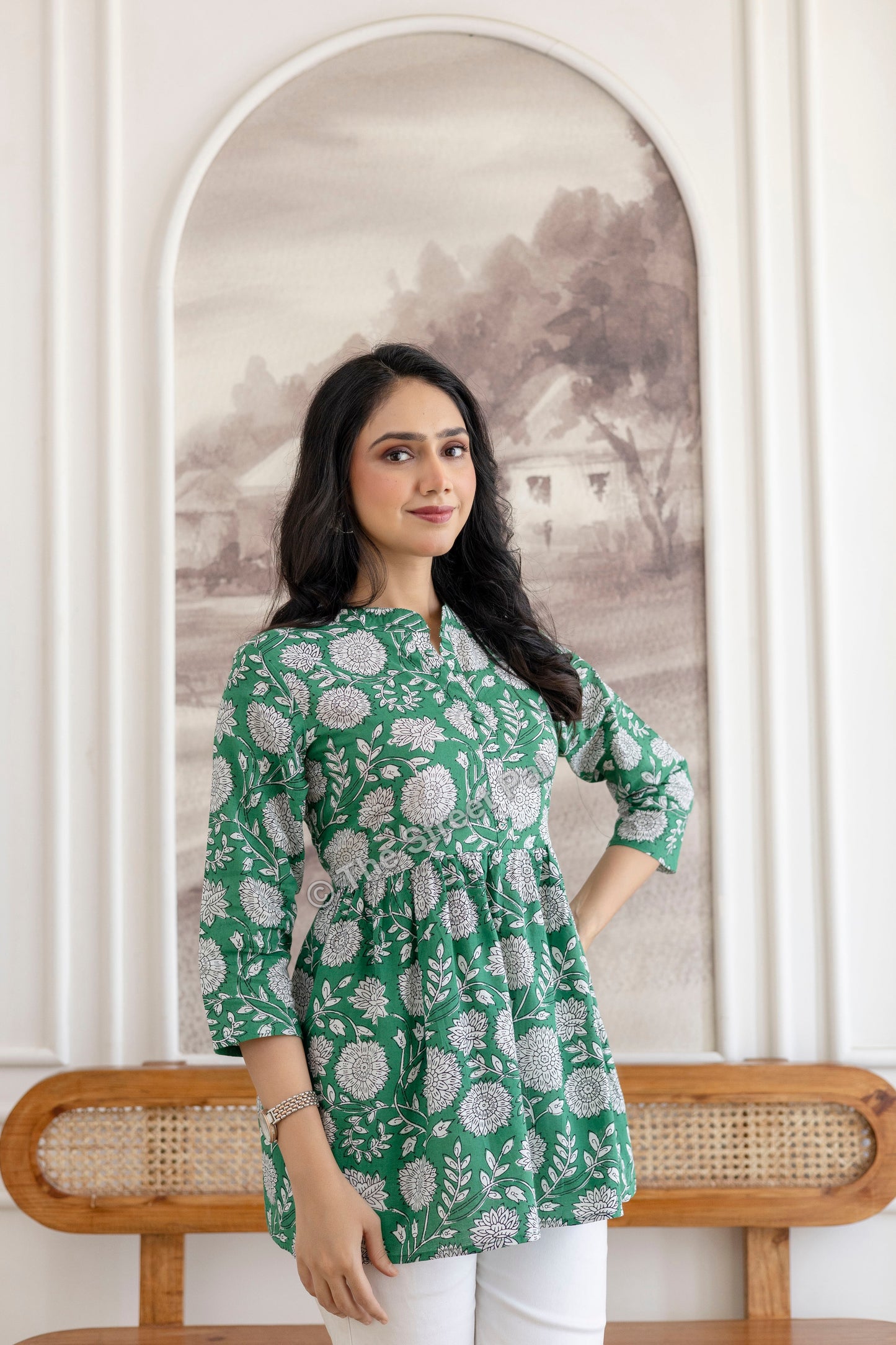 Floral Hand Block Cotton Short Kurti – Emerald Green