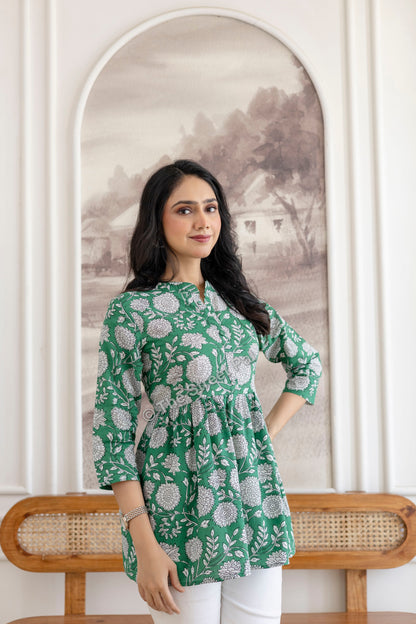 Floral Hand Block Cotton Short Kurti – Emerald Green