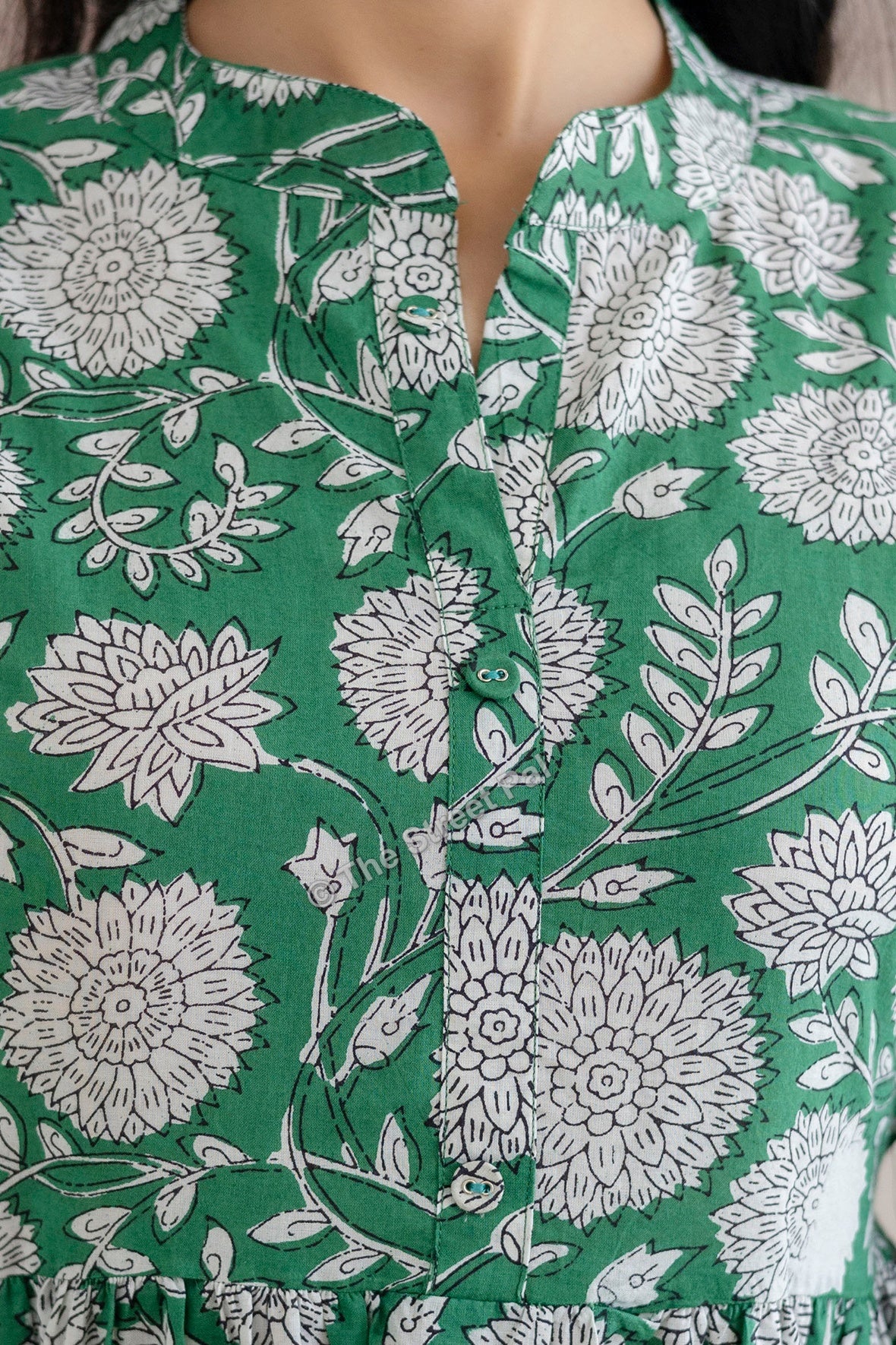 Floral Hand Block Cotton Short Kurti – Emerald Green