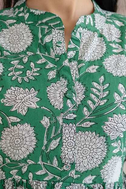 Floral Hand Block Cotton Short Kurti – Emerald Green