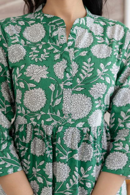 Floral Hand Block Cotton Short Kurti – Emerald Green