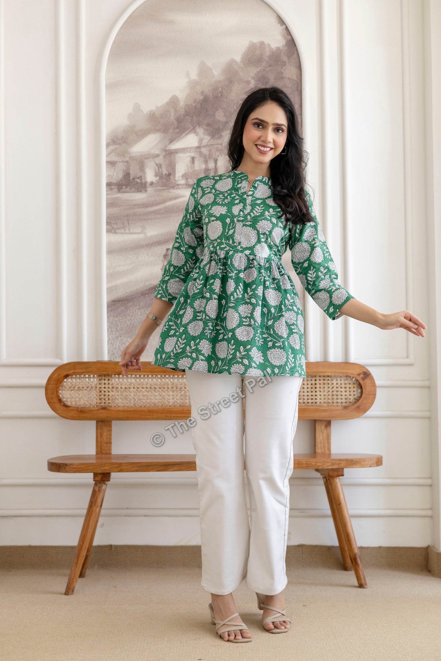 Floral Hand Block Cotton Short Kurti – Emerald Green