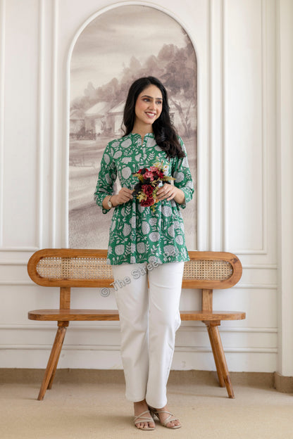 Floral Hand Block Cotton Short Kurti – Emerald Green