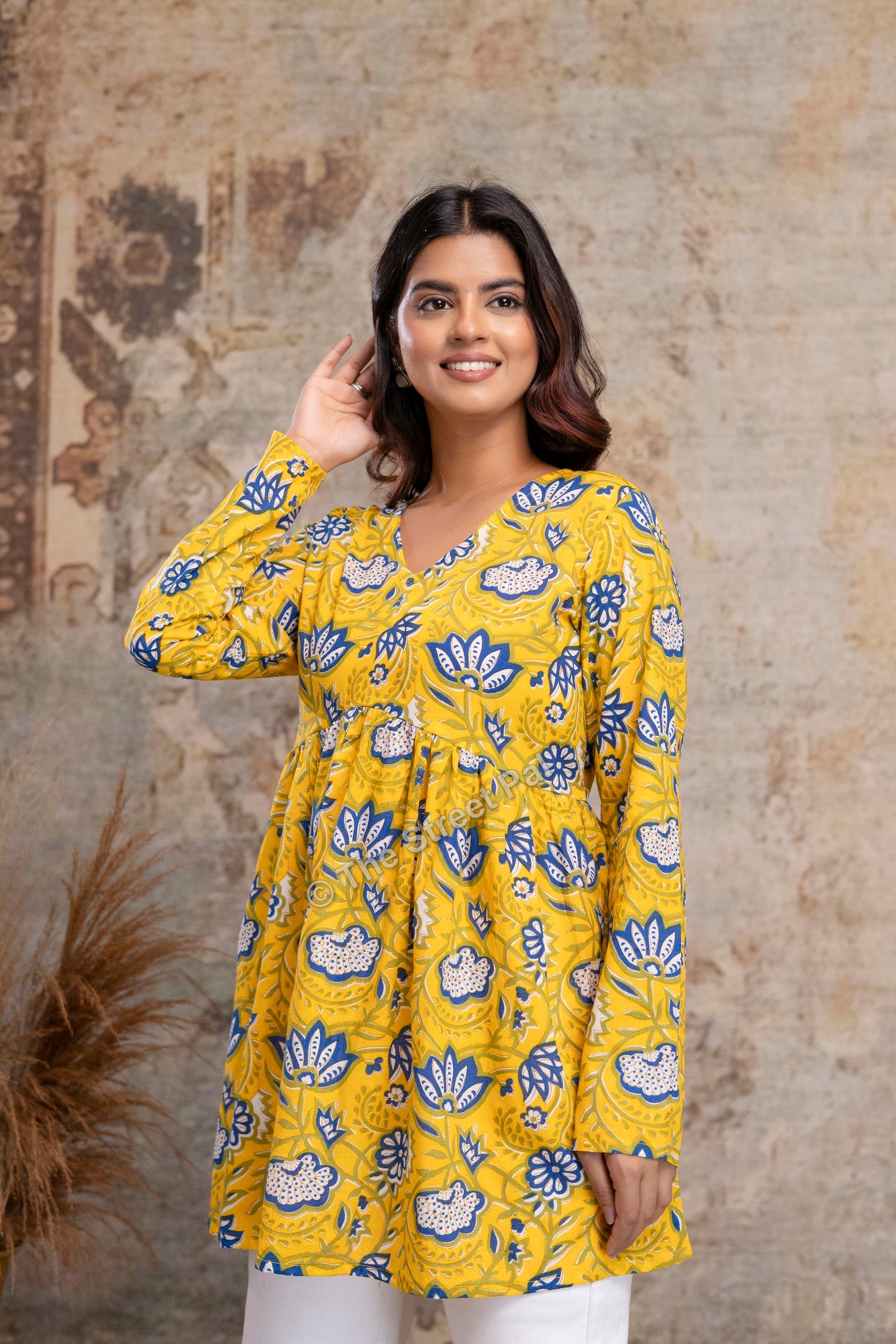 Floral Hand Block Cotton Short Kurti – Mustard Yellow