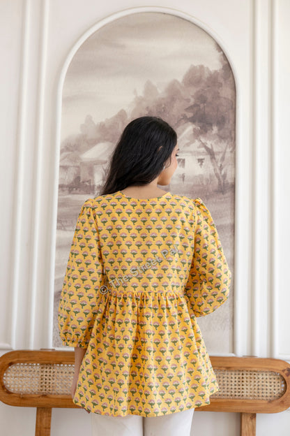 Floral Hand Block Cotton Short Kurti – Mustard Yellow Buti