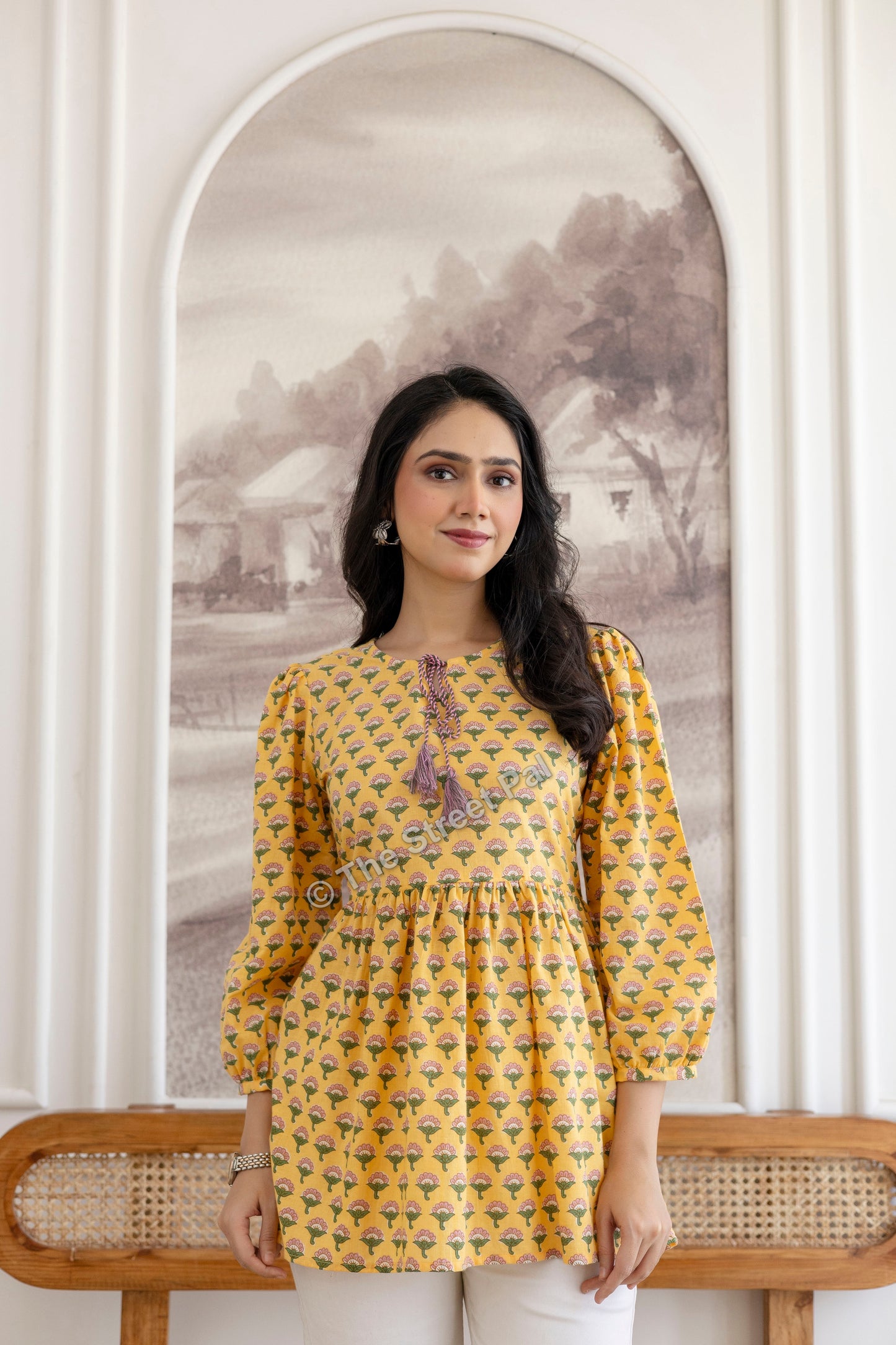 Floral Hand Block Cotton Short Kurti – Mustard Yellow Buti
