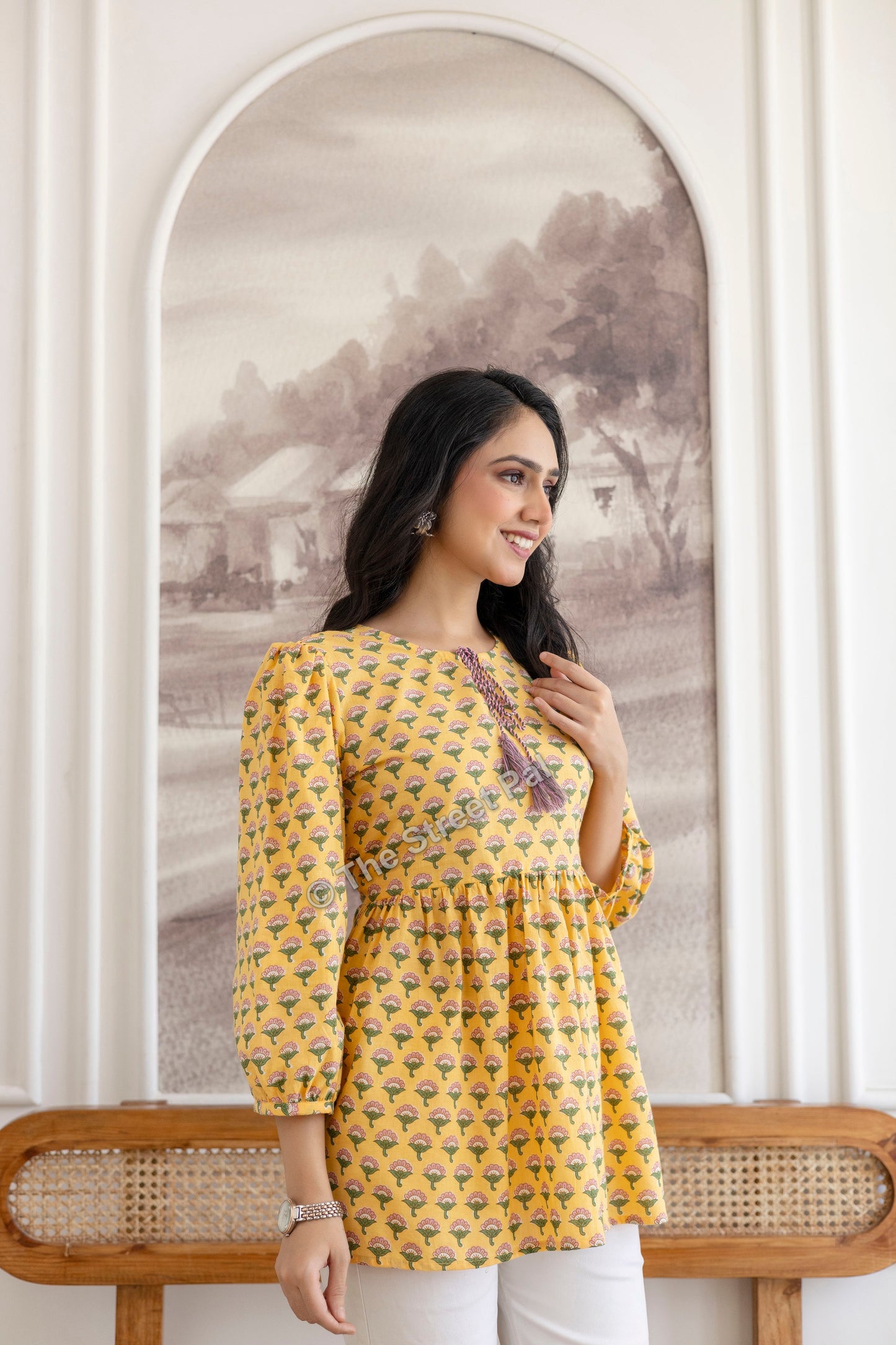 Floral Hand Block Cotton Short Kurti – Mustard Yellow Buti