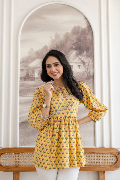Floral Hand Block Cotton Short Kurti – Mustard Yellow Buti