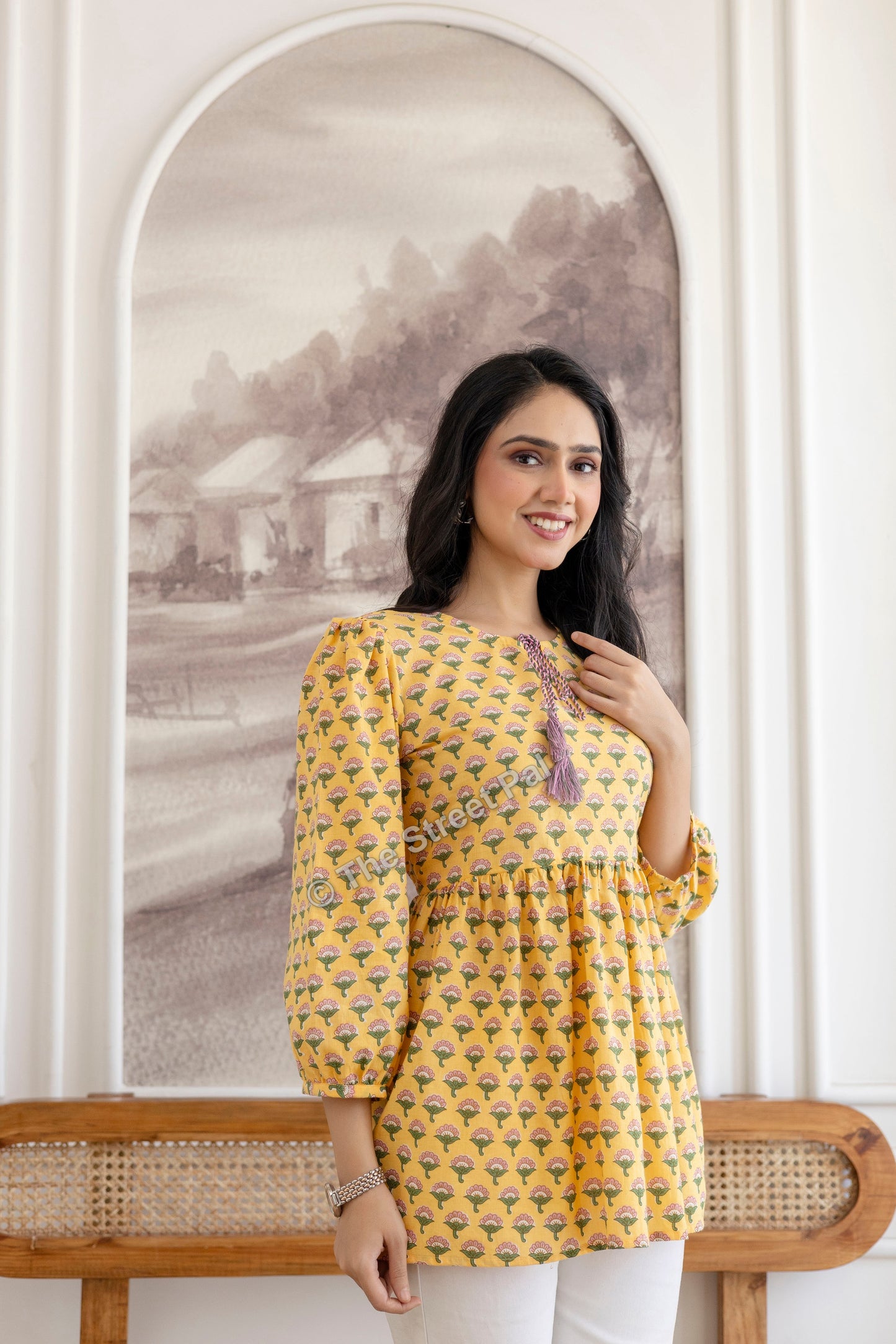 Floral Hand Block Cotton Short Kurti – Mustard Yellow Buti