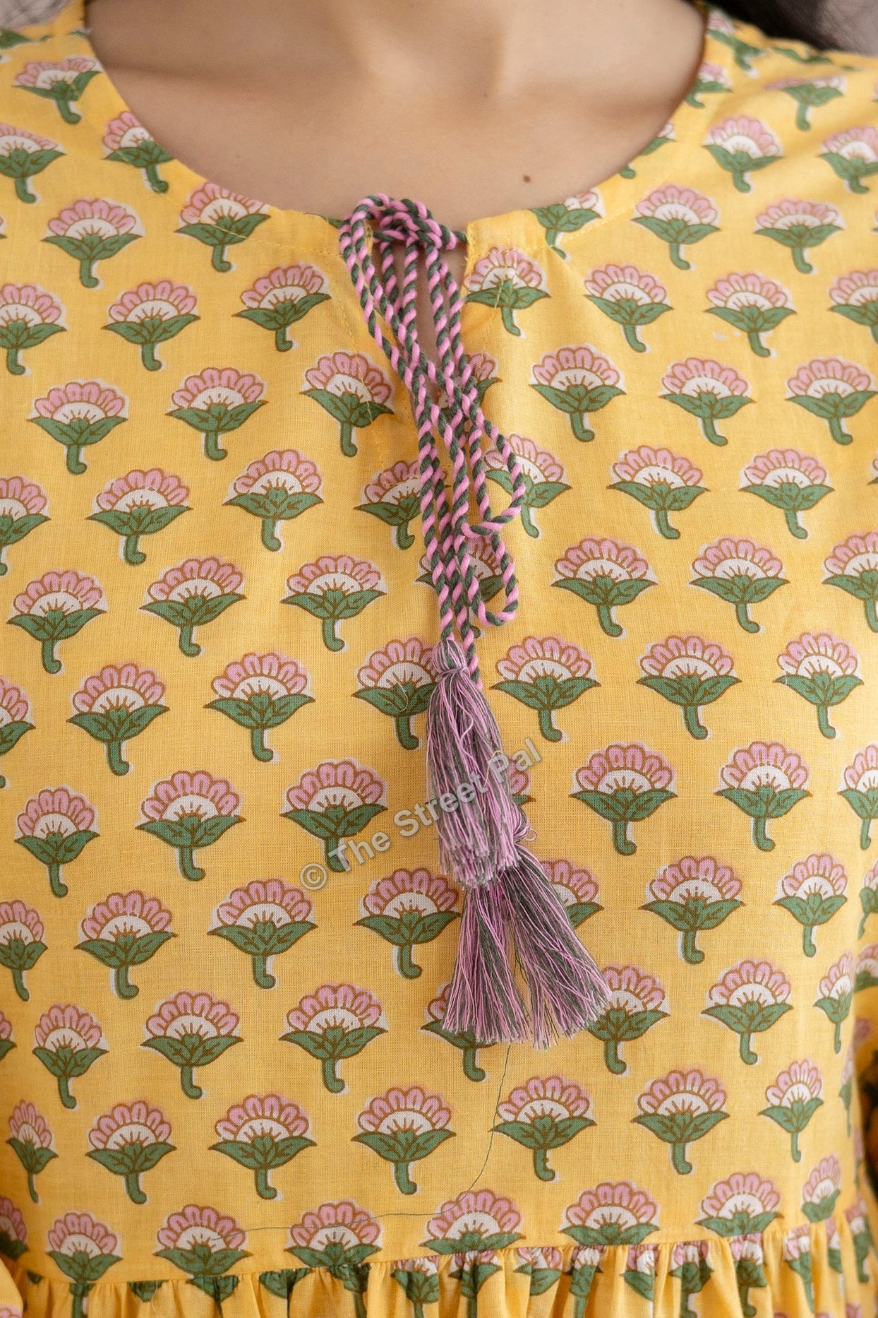 Floral Hand Block Cotton Short Kurti – Mustard Yellow Buti