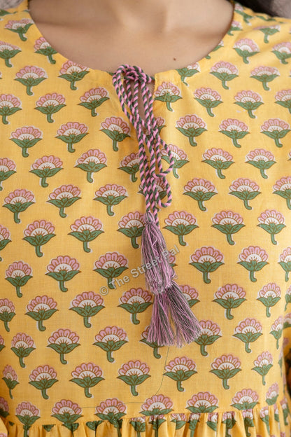Floral Hand Block Cotton Short Kurti – Mustard Yellow Buti