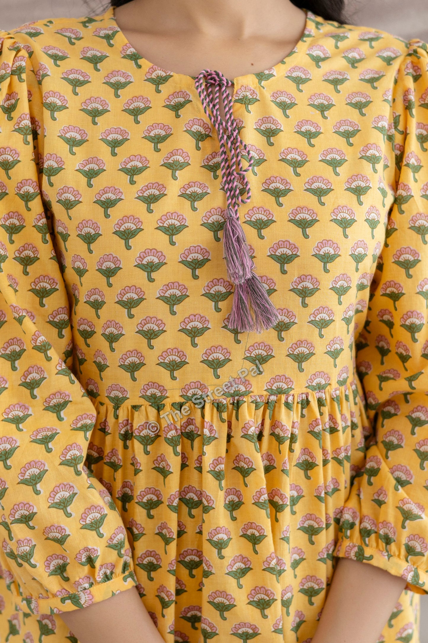 Floral Hand Block Cotton Short Kurti – Mustard Yellow Buti