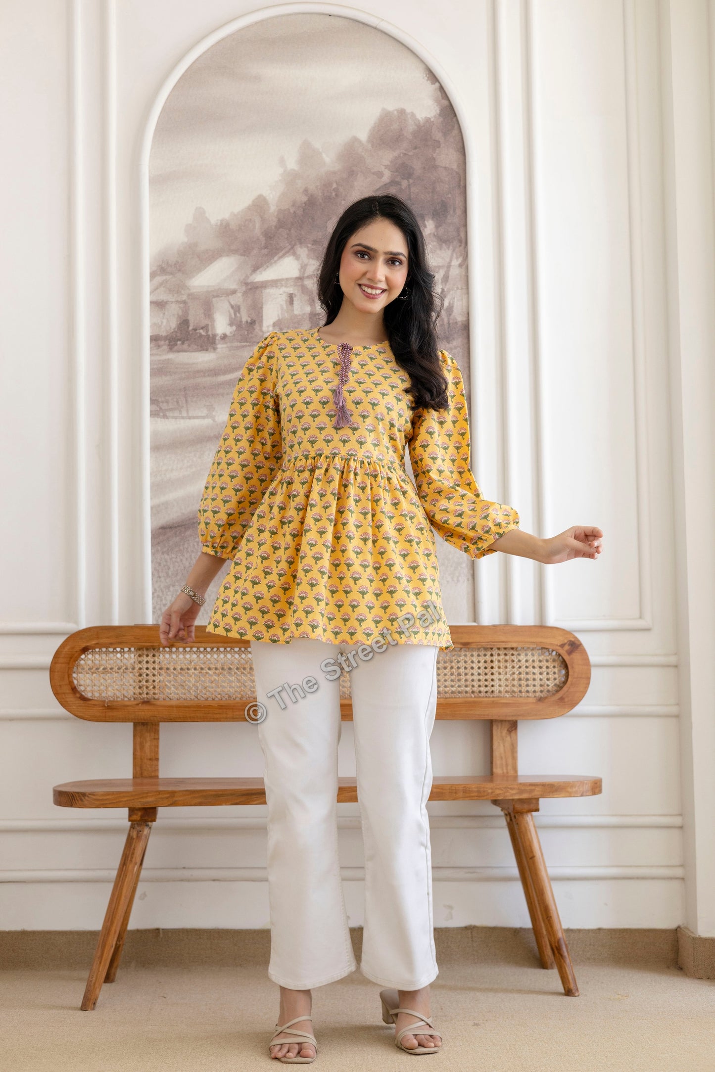 Floral Hand Block Cotton Short Kurti – Mustard Yellow Buti