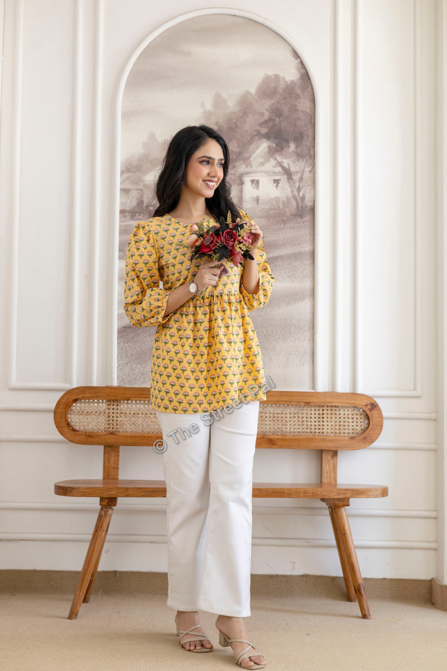 Floral Hand Block Cotton Short Kurti – Mustard Yellow Buti