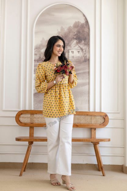 Floral Hand Block Cotton Short Kurti – Mustard Yellow Buti