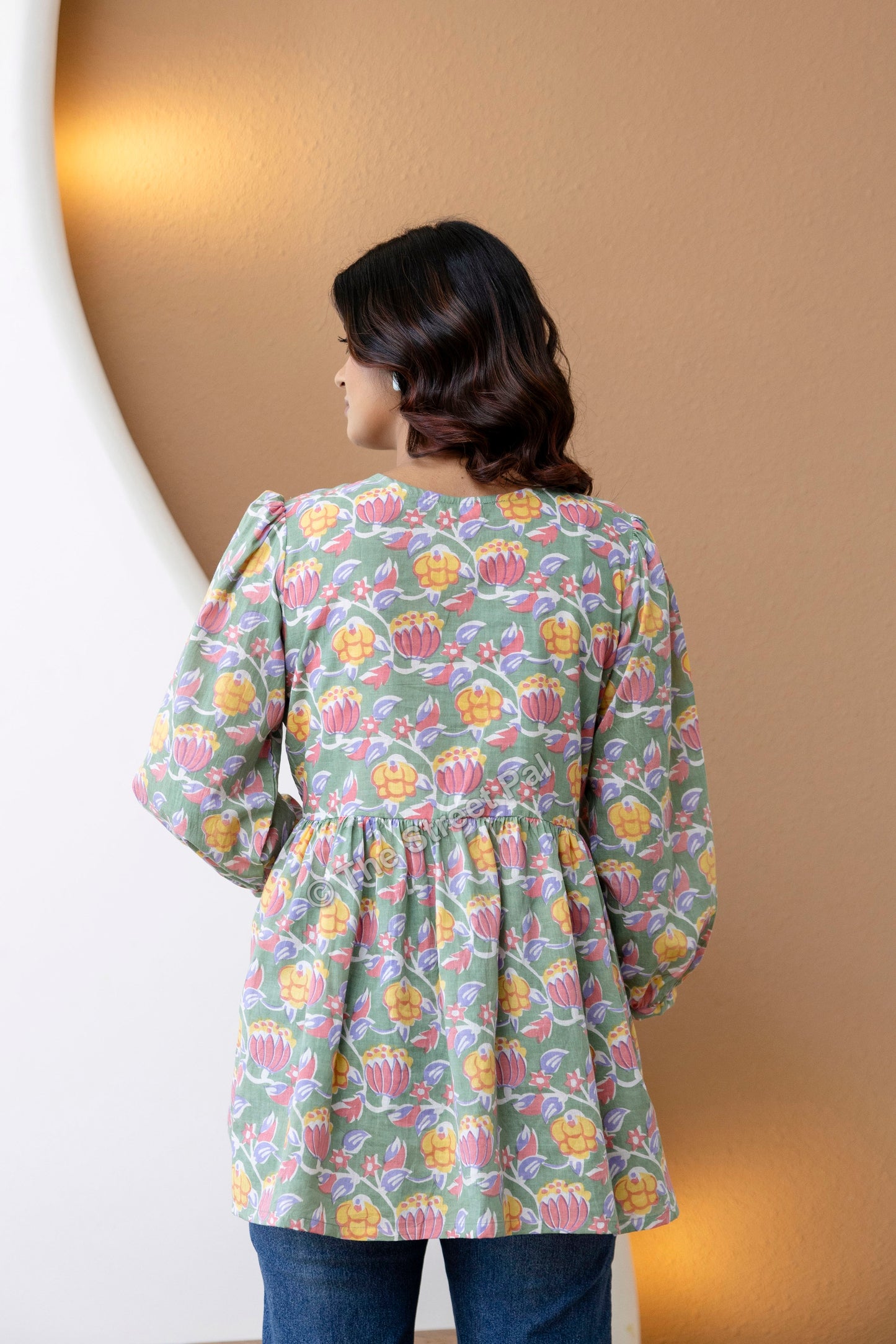 Floral Hand Block Cotton Short Kurti – Sage Green Multi