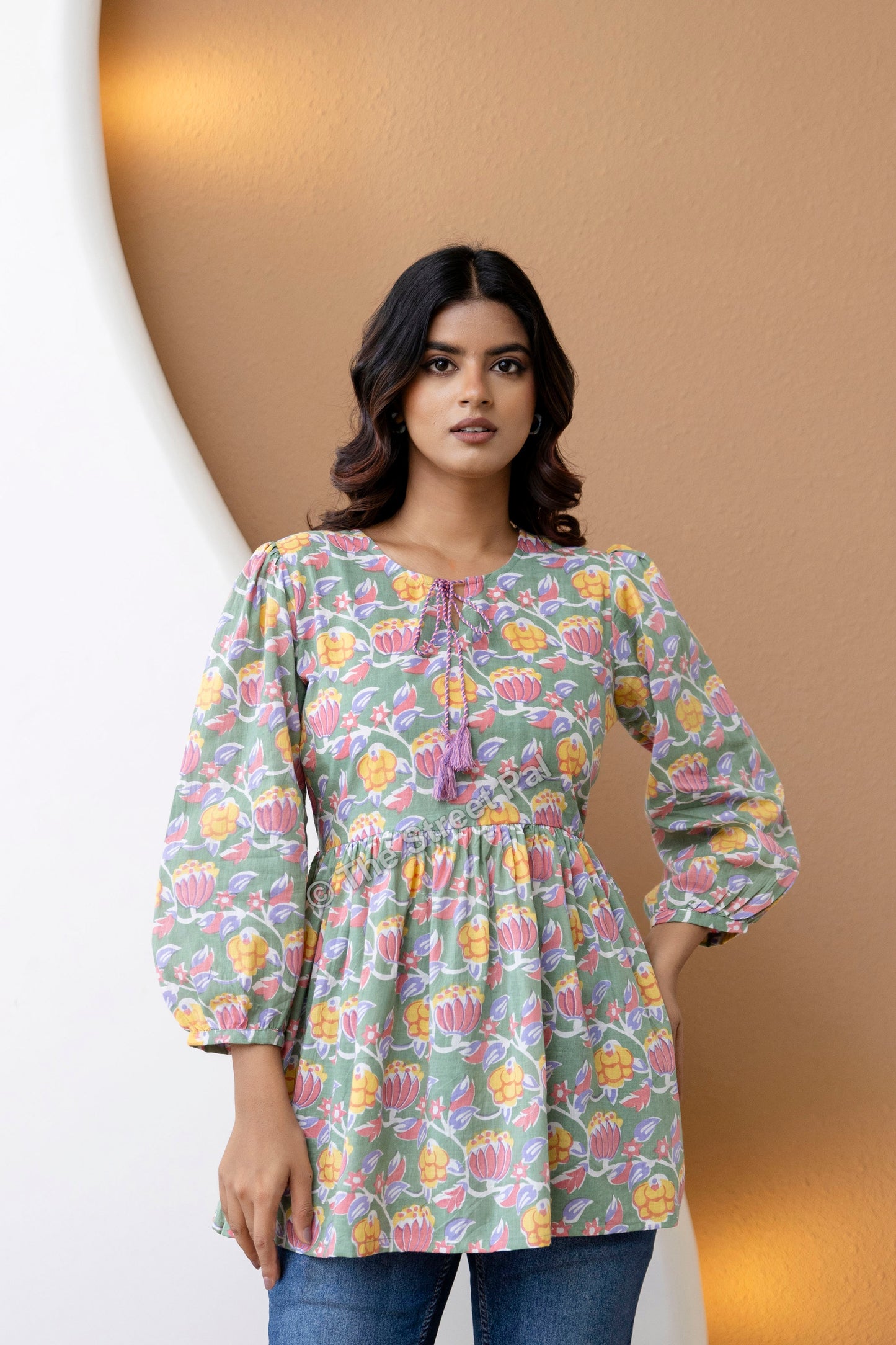 Floral Hand Block Cotton Short Kurti – Sage Green Multi