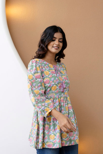 Floral Hand Block Cotton Short Kurti – Sage Green Multi