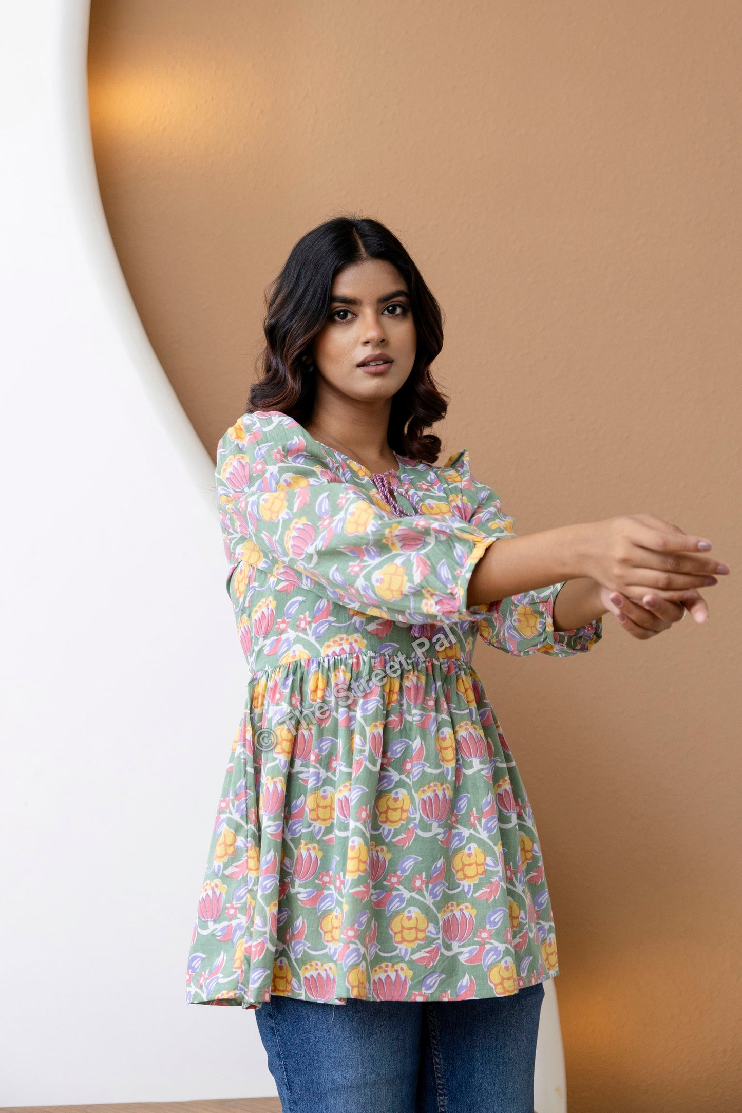 Floral Hand Block Cotton Short Kurti – Sage Green Multi