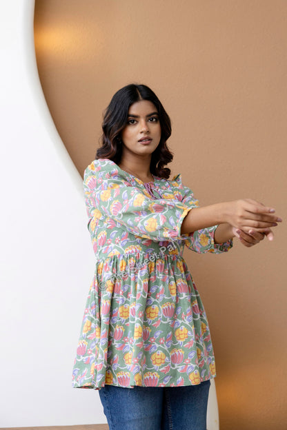 Floral Hand Block Cotton Short Kurti – Sage Green Multi