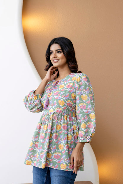 Floral Hand Block Cotton Short Kurti – Sage Green Multi