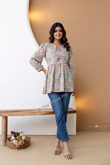 Floral Hand Block Cotton Short Kurti – Sage Green Multi